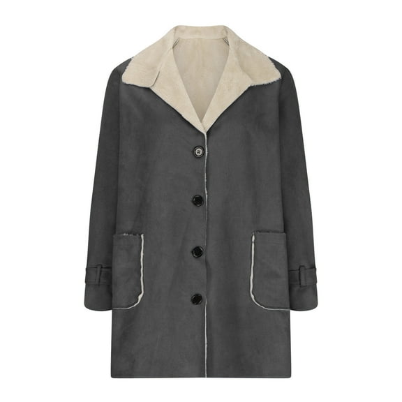 HOWPAY Womens Winter Coats Suede Leather Jacket Fuzzy Lined Button down Long Sleeve Solid Color Mid Long Overcoat with Pockets Warm Cozy Clothes Grey L
