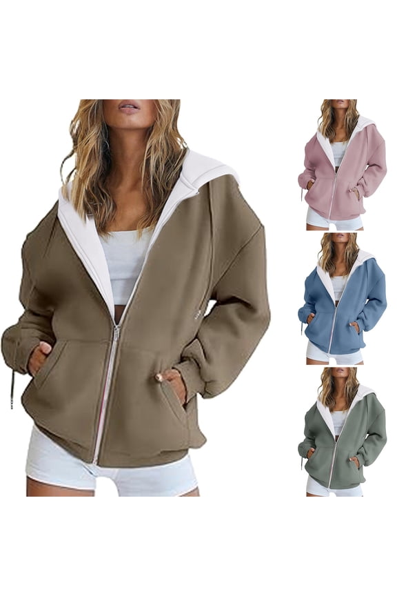 Womens Zip Up Hoodies 2026 Y2K Casual Long Sleeve Zipper Sweatshirts Fall Winter Comfy Relaxed Fit Track Jackets With Pockets Blue L