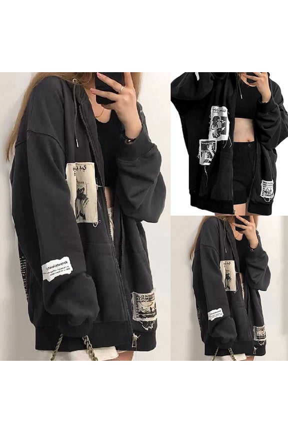 Zip Up Hoodie Women Oversized Y2K Aesthetic Skeleton Sweatshirt Grunge Gothic Streetwear Emo Long Sleeve Casual Jacket Tops Black XL/4