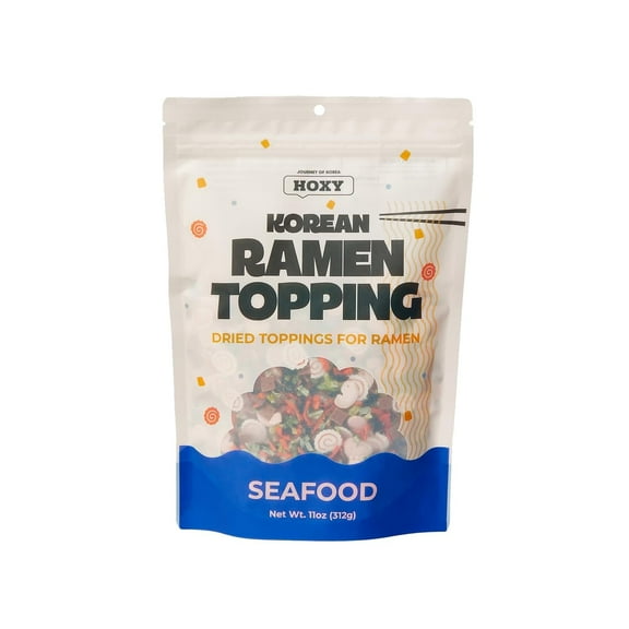 HOXY Korean Ramen Topping (Seafood Mix) 11oz Dried Topper for Noodles w/Narutomaki, Imitation Shrimp, Squid Flakes, Seaweed, Vegetables
