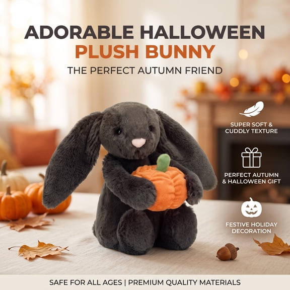 HOXZODT Halloween Bunny Plush, Soft Dark Gray Floppy Ear Rabbit Stuffed Animal Holding Pumpkin, Cute Fall Harvest Decor Doll Gift for family fun