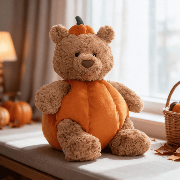HOXZODT Halloween Pumpkin Bear Plush Toy, 10" Cute Brown Bear Stuffed Animal wtih Pumpkin Outfit, Soft Fluffy Halloween Plush Toys for Kids Home Decor & Halloween Christmas Birthday Gifts