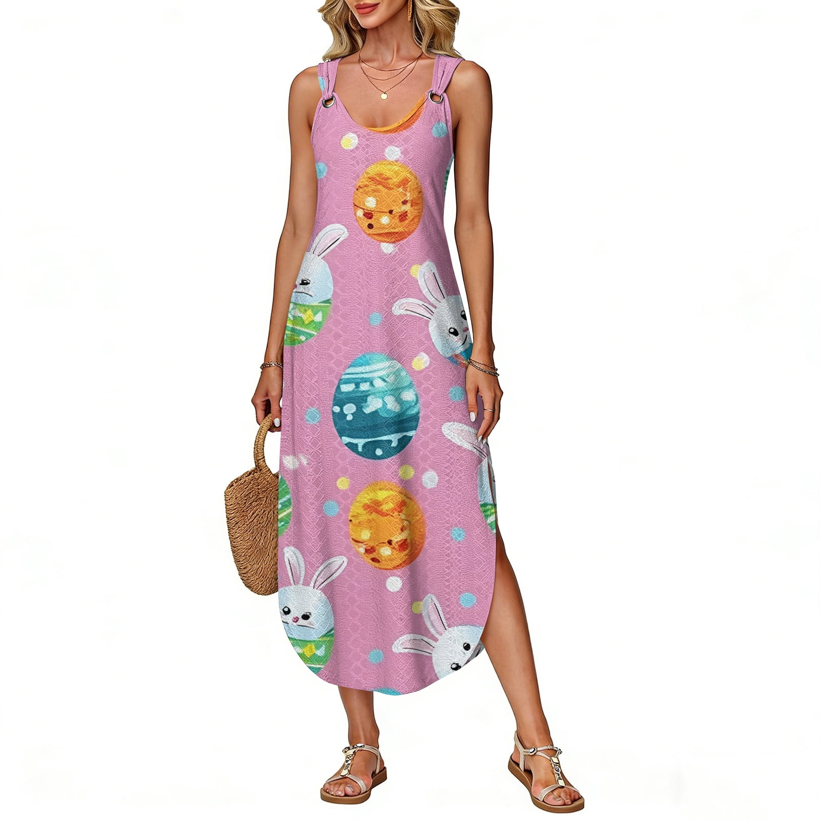 HOXZODT Summer Easter Dresses for Women Sleeveless Maxi Dress Holiday ...
