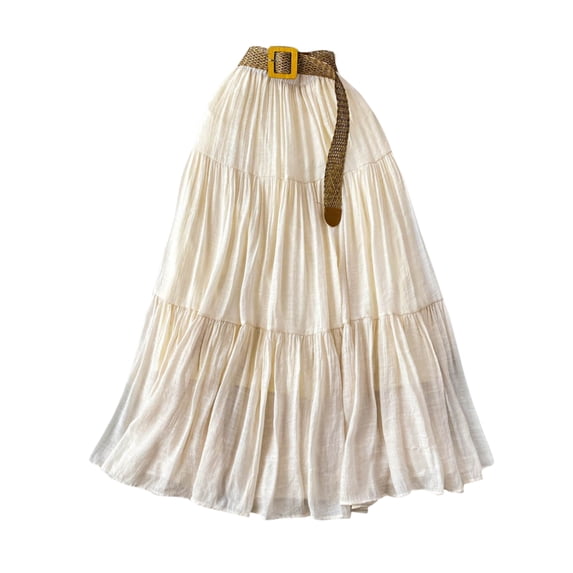 HOXZODT Women’s High Waist Tiered Maxi Skirt Casual Long Skirt with Belt, Beige