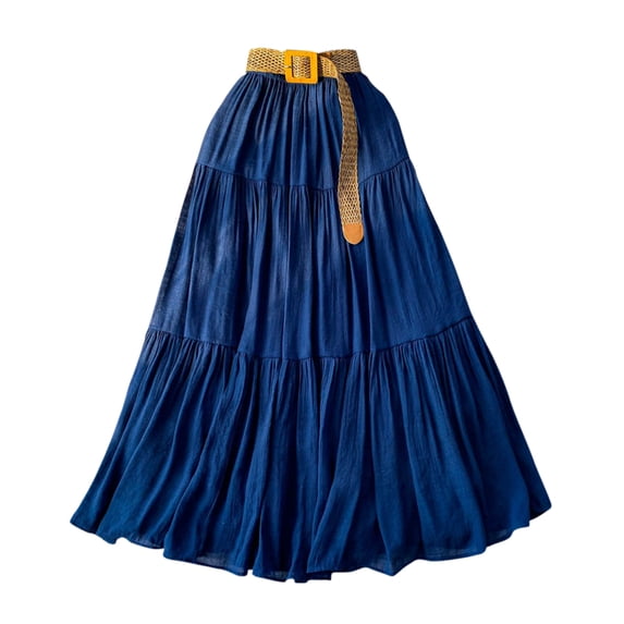 HOXZODT Women’s High Waist Tiered Maxi Skirt Casual Long Skirt with Belt, Dark Blue