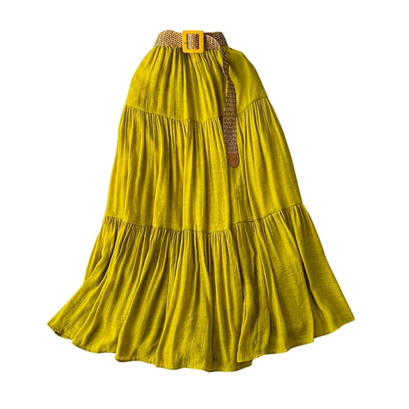 HOXZODT Women’s High Waist Tiered Maxi Skirt Casual Long Skirt with Belt, Dark Green