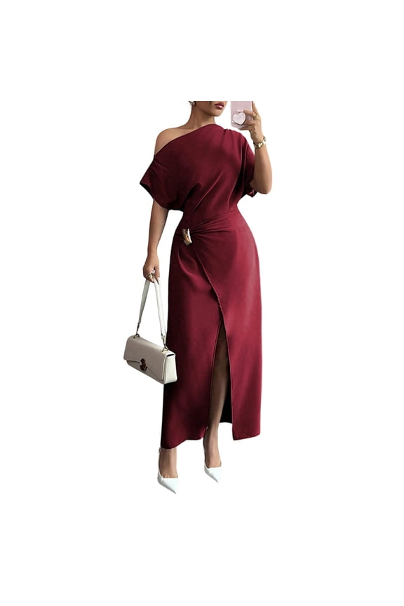 Women’s One Shoulder Formal Maxi Dress Elegant Wrap Style Slit Evening Dress Wedding Guest Prom Dress, Wine, L