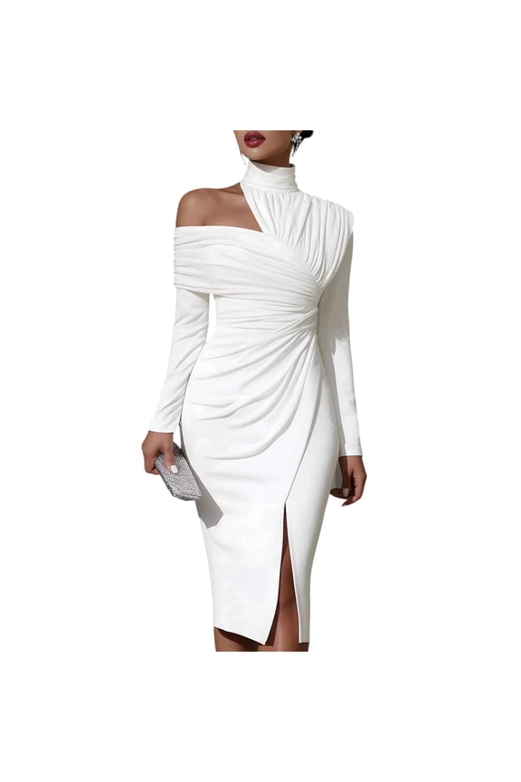 Women’s One Shoulder High Neck Ruched Midi Dress Elegant Semi Formal Wedding Guest Dress, White, L