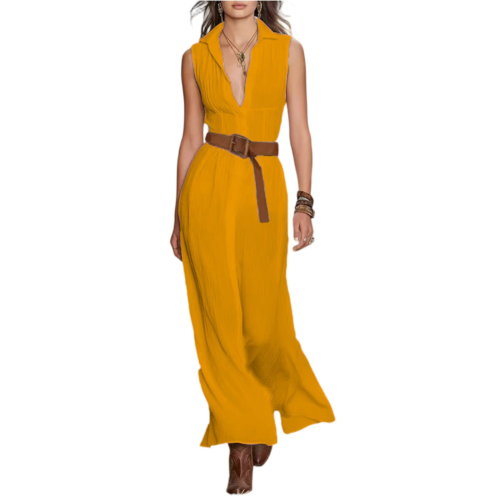 HOXZODT Women’s Sleeveless Maxi Dress Deep V Neck Belted Summer Holiday — free download