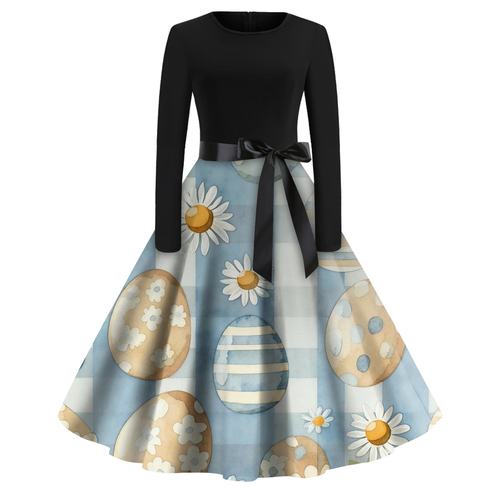 HOXZODT Womens Easter Dress Long Sleeve A-Line Zipper Holiday Dresses ...