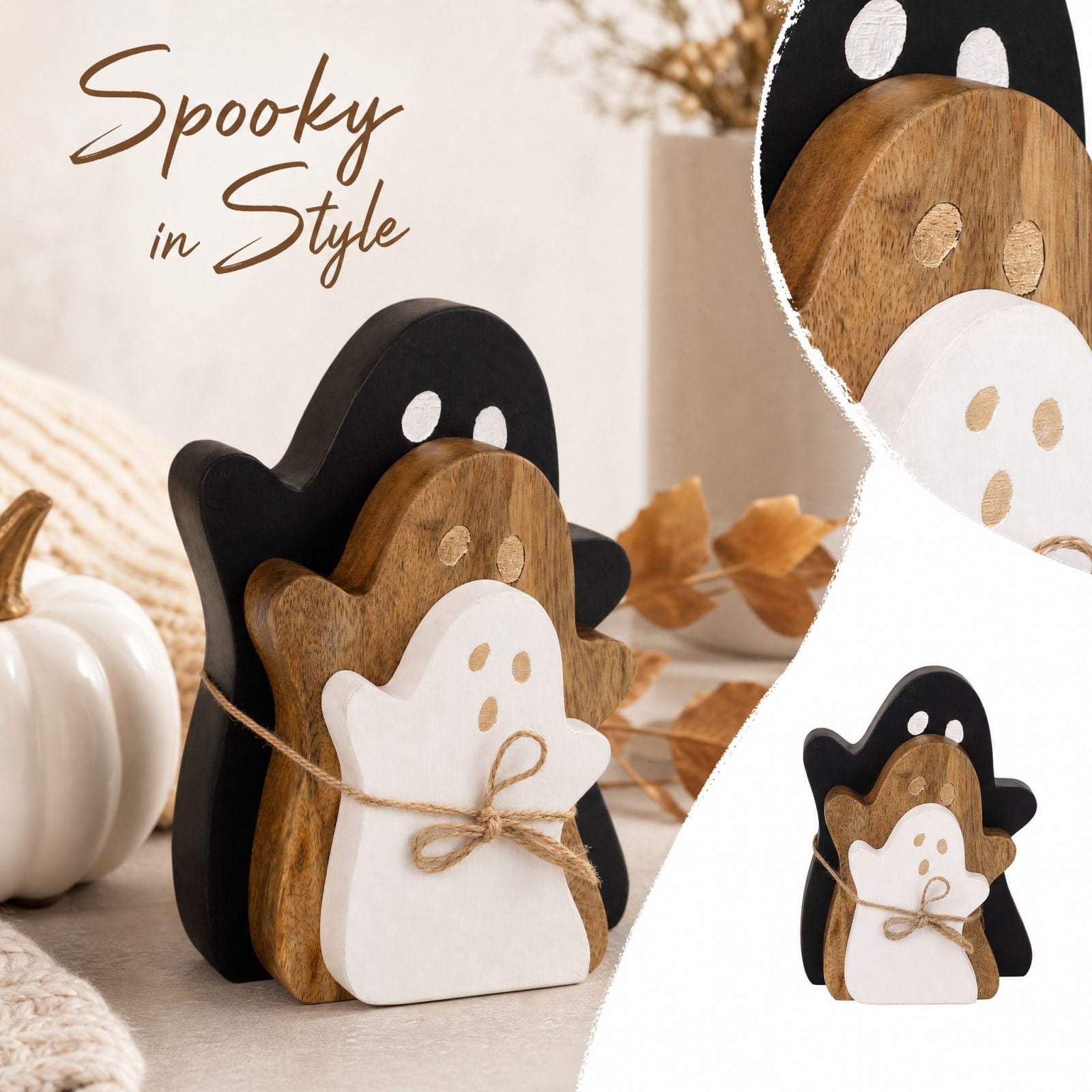 HOXZODT Wooden Ghost Tabletop Decor Set 3Piece, Rustic Stackable Ghost Figurines with Twine for Halloween Farmhouse Mantel Shelf Indoor Seasonal Home Decoration