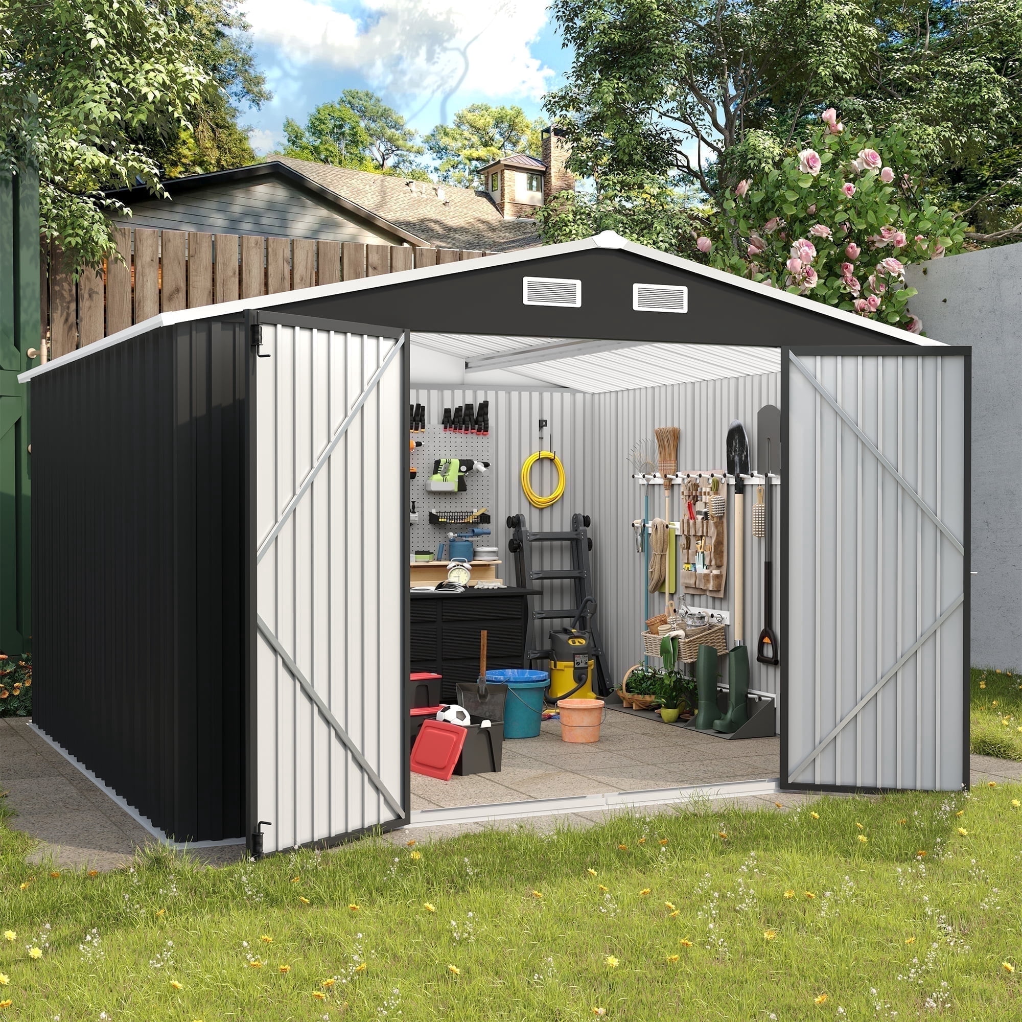 HOYOA 10x10 ft Metal Storage Shed, Bicycle Storage, with Lockable Door