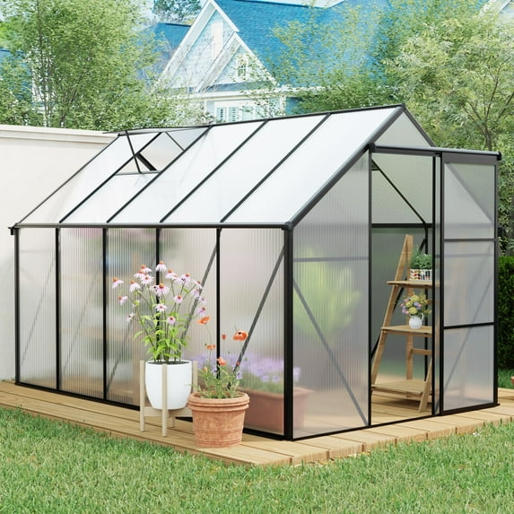 HOYOA 10x6 ft Outdoor Greenhouse, Walk-in Polycarbonate Green House with Aluminum Frame for Backyard, Green