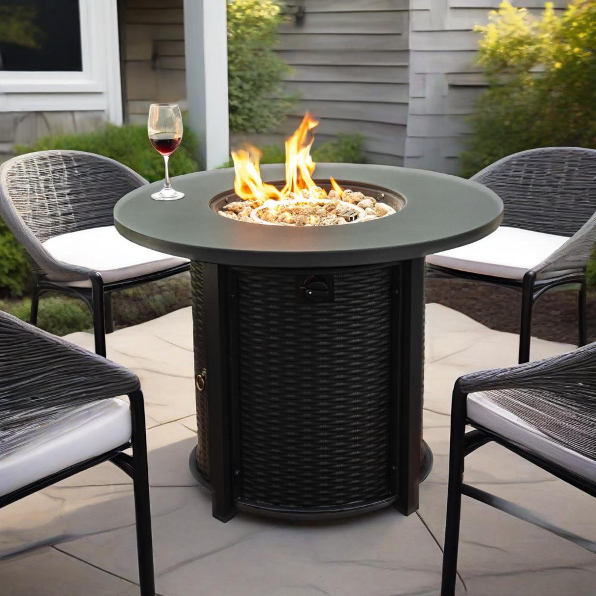 HOYOA 32" Round Gas Fire Pit Table, 50000 BTU Steel Propane Fire Pit with Beautiful Wicker Base, Outdoor Gas Fireplace for Backyard, Garden, Patio