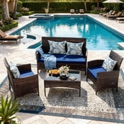 HOYOA 4 Pieces Patio Furniture Set, Patio Conversation Set Outdoor PE Rattan Wicker Chairs Set and Table,Brown/NavyBlue
