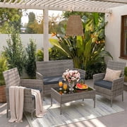 HOYOA 4 Pieces Patio Furniture Set, Patio Conversation Set Outdoor PE Rattan Wicker Chairs Set and Table,Brown/TurquoiseBlue