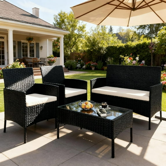 HOYOA 4PCS Patio Rattan Conversation Furniture Set Outdoor Black/Beige Cushion