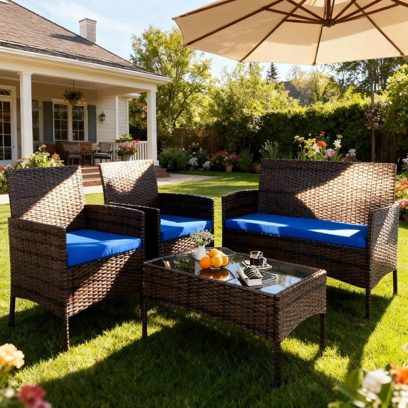 HOYOA 4PCS Patio Rattan Conversation Furniture Set Outdoor Brown/Blue Cushion