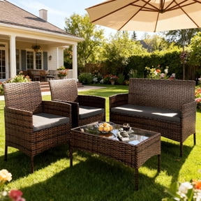 HOYOA 4PCS Patio Rattan Conversation Furniture Set Outdoor Brown/Gray Cushion