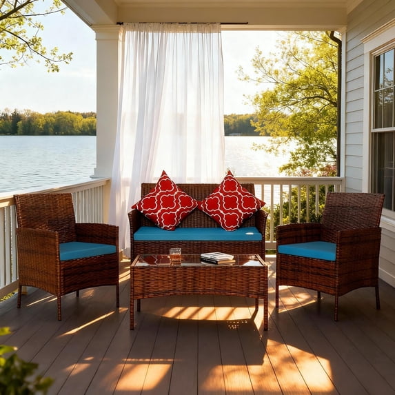 HOYOA 4PCS Patio Rattan Conversation Furniture Set Outdoor Brown/TurquoiseBLue Cushion