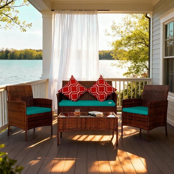 HOYOA 4PCS Patio Rattan Conversation Furniture Set Outdoor Brown/TurquoiseGreen Cushion