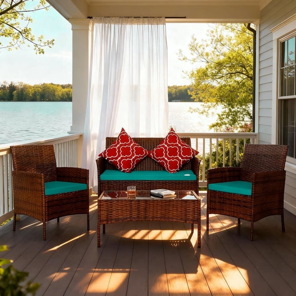 HOYOA 4PCS Patio Rattan Conversation Furniture Set Outdoor Brown/TurquoiseGreen Cushion