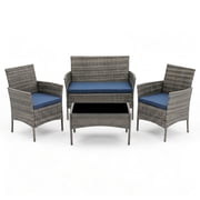HOYOA 4PCS Patio Rattan Conversation Furniture Set Outdoor Gray/Blue Cushion