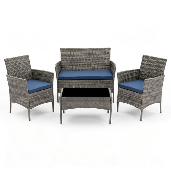 HOYOA 4PCS Patio Rattan Conversation Furniture Set Outdoor Gray/Blue Cushion