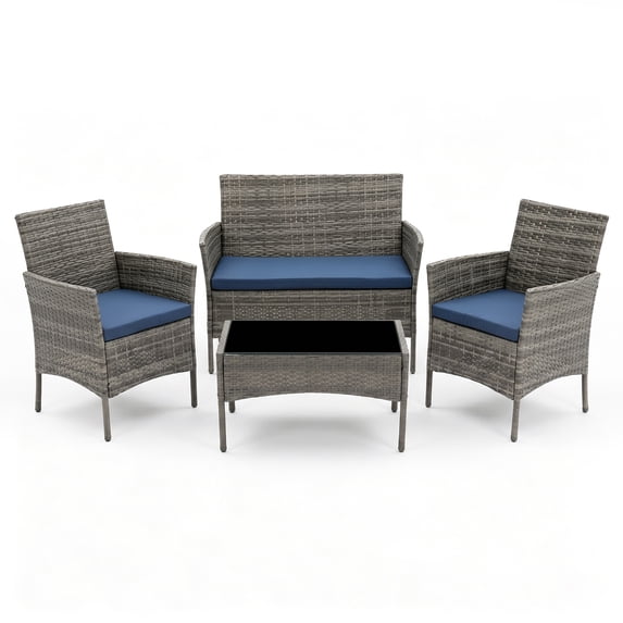 HOYOA 4PCS Patio Rattan Conversation Furniture Set Outdoor Gray/Blue Cushion