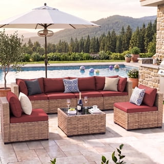 HOYOA 7-Piece Patio Furniture Set, Outdoor Conversation Set, All-Weather Wicker Outdoor Sectional Sofa Set with Table & Cushions,Red