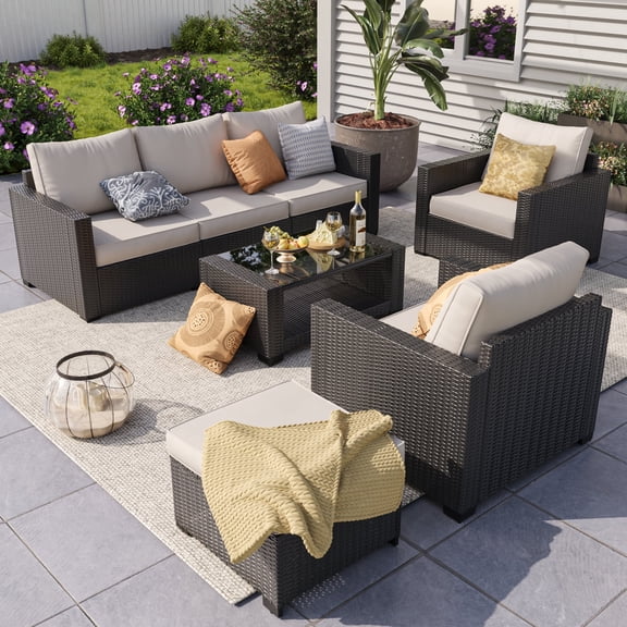 HOYOA 7-Piece Patio Furniture Set, Outdoor Patio Sectional Furniture All-Weather Rattan Wicker Patio Conversation Set Outdoor Furniture for Backyard Balcony,Beige