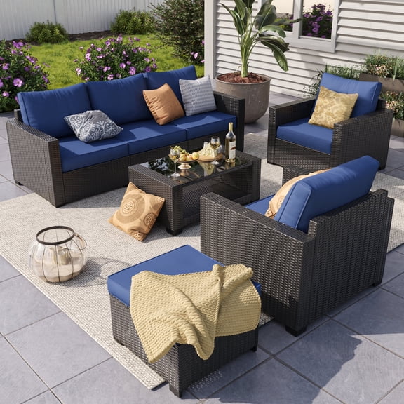 HOYOA 7-Piece Patio Furniture Set, Outdoor Patio Sectional Furniture All-Weather Rattan Wicker Patio Conversation Set Outdoor Furniture for Backyard Balcony,Blue