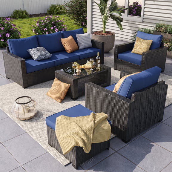HOYOA 7-Piece Patio Furniture Set, Outdoor Patio Sectional Furniture All-Weather Rattan Wicker Patio Conversation Set Outdoor Furniture for Backyard Balcony,Blue
