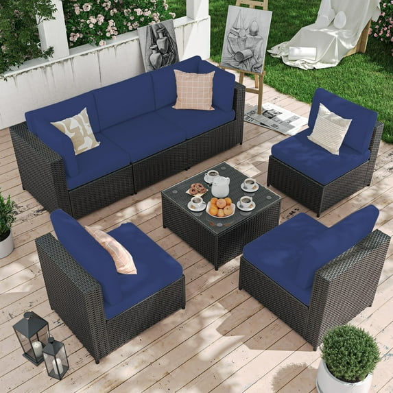HOYOA 7 Piece Patio Furniture Set With Sofa Chair, Wicker Rattan Patio Sectional Sofa Set Outdoor Seating Furniture with Thickened Cushion
