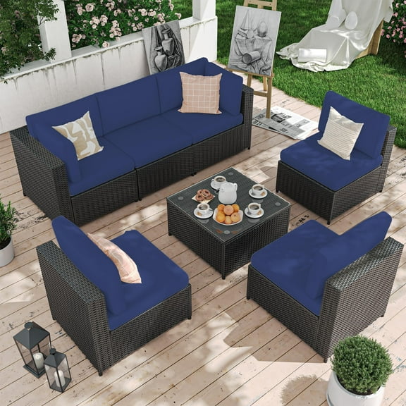HOYOA 7 Piece Patio Furniture Set With Sofa Chair, Wicker Rattan Patio Sectional Sofa Set Outdoor Seating Furniture with Thickened Cushion