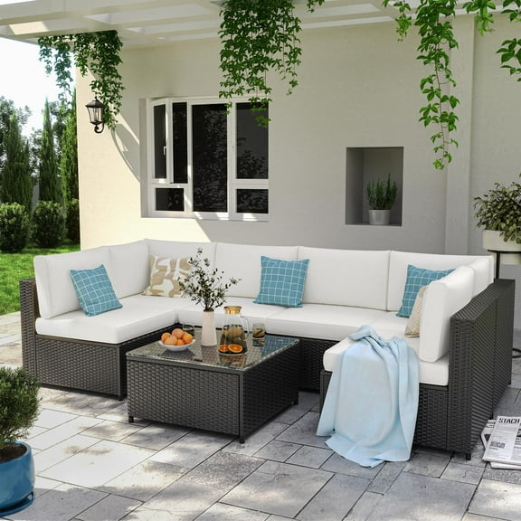 HOYOA 7 Piece Patio Furniture Set With Sofa Chair, Wicker Rattan Patio Sectional Sofa Set Outdoor Seating Furniture with Thickened Cushion