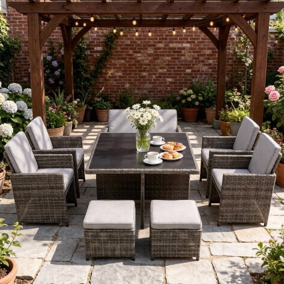 HOYOA 9 Pieces Outdoor Dining Sets Patio Rattan Conversation Set Space Saving Wicker Chairs with Glass Table,Gray