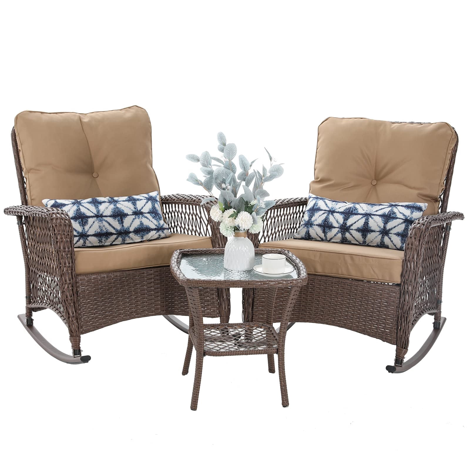 HOYOA 3 Piece Outdoor Rocking Chair Sets, Rocking Chair Bistro Set with ...