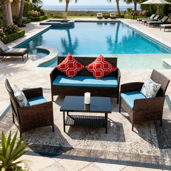 HOYOA 4 Pieces Patio Furniture Set, Patio Conversation Set Outdoor PE Rattan Wicker Chairs Set and Table,Brown/Turquoise