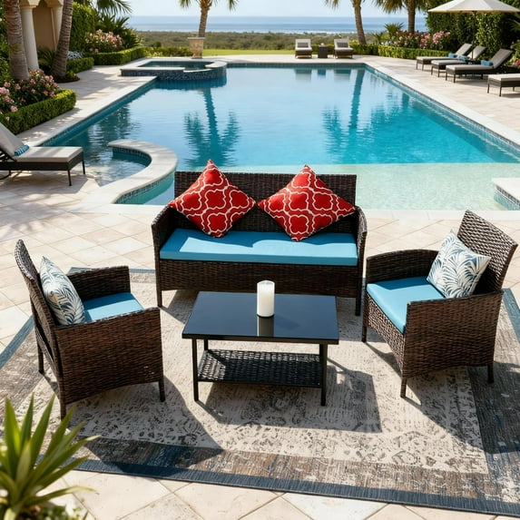 HOYOA 4 Pieces Patio Furniture Set, Patio Conversation Set Outdoor PE Rattan Wicker Chairs Set and Table,Brown/Turquoise