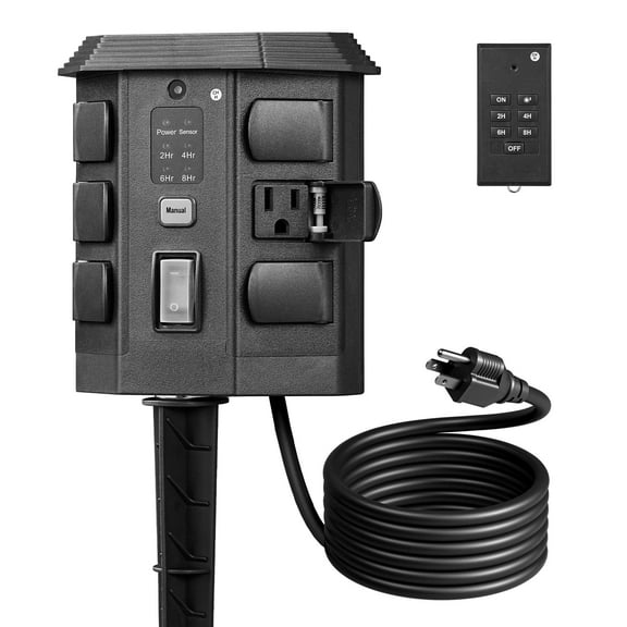 DEWENWILS Outdoor Power Stake Timer with Photocell Sensor, 6FT Extension Cord & 6 Grounded Outlets, Waterproof Outdoor Timer, Photocell Stake Timer for for Lights, Yard, Garden, UL Listed