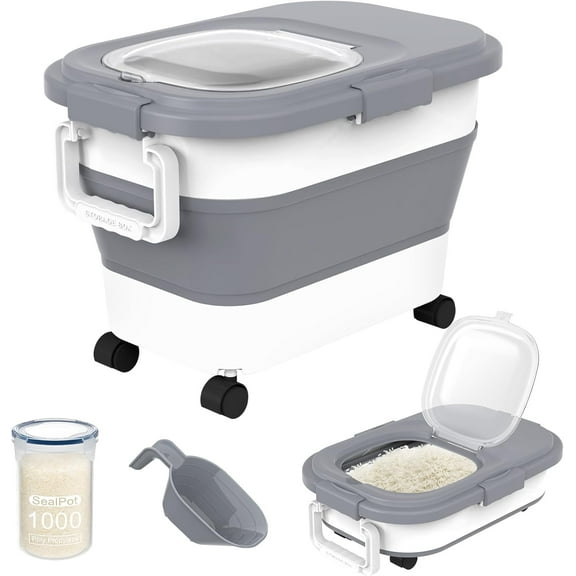 HOYTAMDA 20-30Lbs Rice Container,Collapsible Airtight Food Stora Containers with Wheels,Handle,Rice Container Small Bin and Scoop,Rice Dispenser for Flour Sugar Cereal Grain Dog Cat