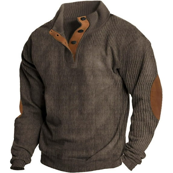 HOYUFEI Mens Corduroy Shirt Lapel Collar Button Up Pullover Mock Neck Long Sleeve Sweaters Polo Sweatshirts with Elbow Patches