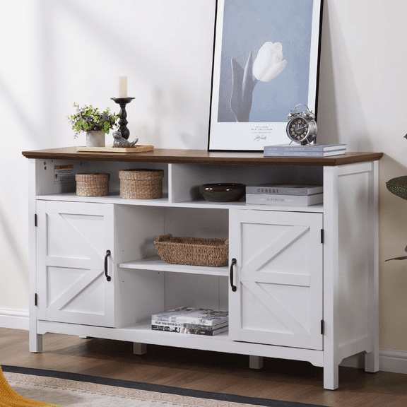 HOYUTO 58" Farmhouse Sideboard Buffet Cabinet with Barn Doors - White Wood Storage Console with Walnut Top, Adjustable Shelves & Open Cubbies - TV Stand, Coffee Bar, Entryway Table for Living Room