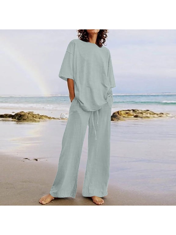 2 Piece Sets for Women Cotton Linen Lounge Sets Spring Summer Solid Color Crew Neck Casual Collar Short Sleeve Shirt Wide Leg Drawstring Pants Set with Pockets