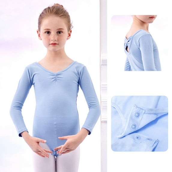 HOZADOIE Ballet Leotards for Girls Pure Cotton Solid Color V Neck Long Sleeve Performance Costume Soft Ballet Button Split Practice Leotard for 2-15 Years