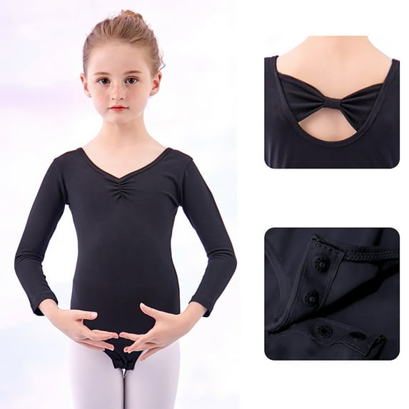HOZADOIE Black Ballet Leotards for Girls Pure Cotton Solid Color V Neck Long Sleeve Performance Costume Soft Ballet Button Split Practice Leotard for 2-15 Years