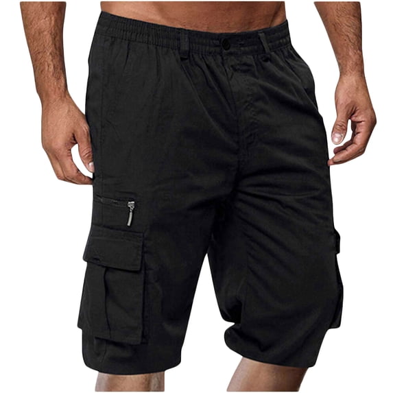 HOZADOIE Black Cargo Shorts for Men Summer Stylish Solid Color Slightly Stretchy Button Zipper Waistband Versatile 5 Inseam Lounge Straight Leg Casual Shorts with Multiple Pockets