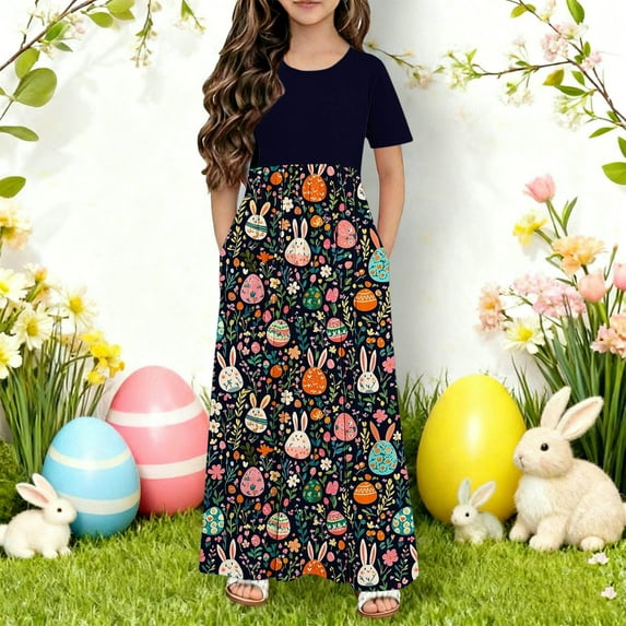 HOZADOIE Black Girls Dress Easter Print Spring Summer Short Sleeve Color Block Patchwork Crew Neck Relaxed Comfortable Party Dresses with Pockets for 4-14 Years