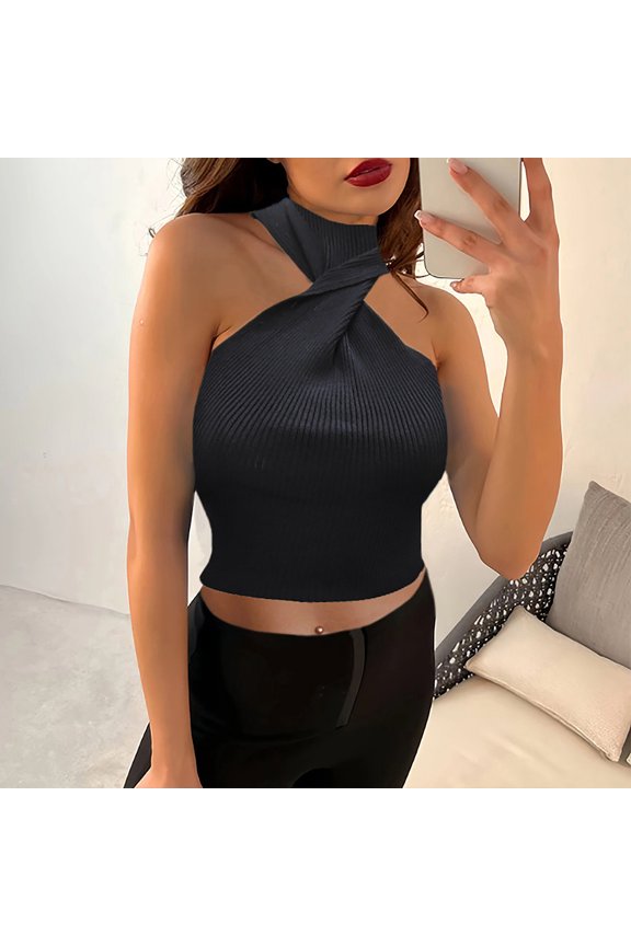Black Womens Tank Tops Knit Ribbed Texture Twisted Crop Tops Solid Color Halter Neck Sleeveless Camisole Flattering Daily Casual Comfortable Beach Vacation Tops Blouse